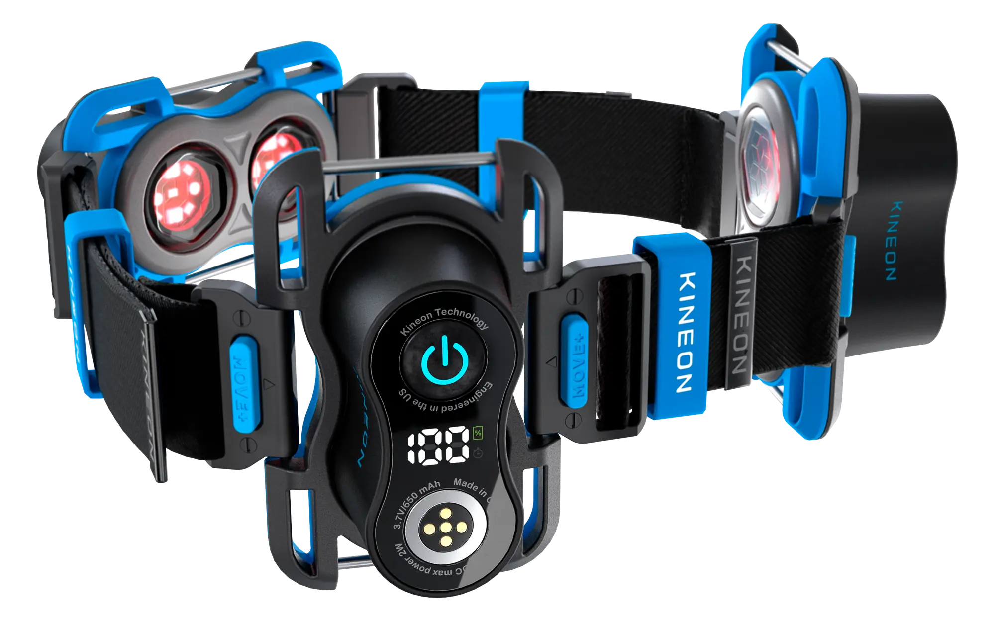 Kineon Move+ wearable red light and near-infrared laser therapy device with full modular strap system.